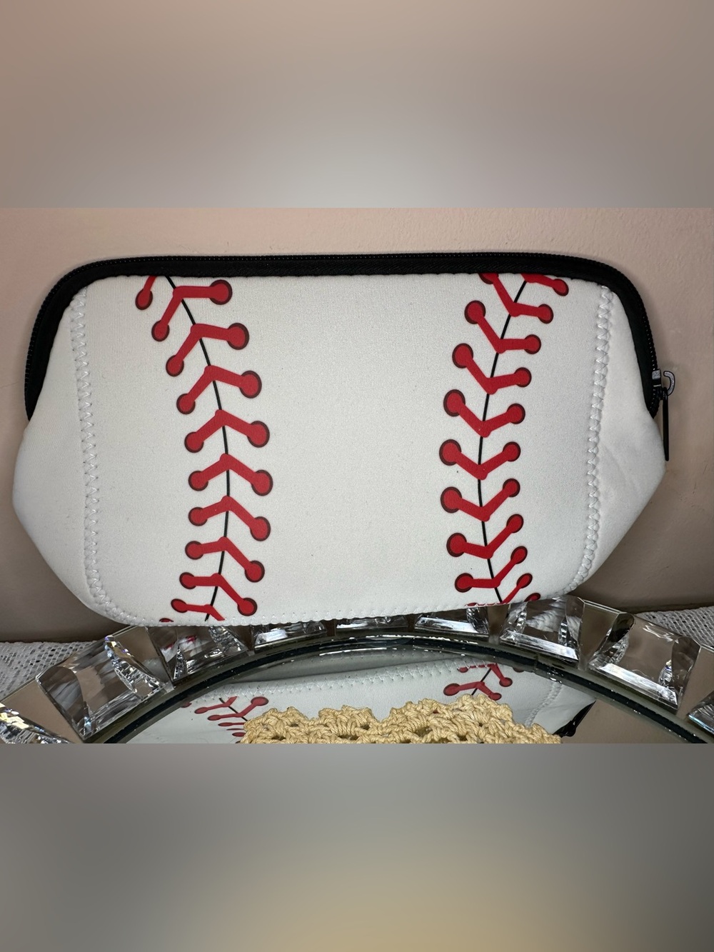 White & Red Baseball Stitch Cosmetic Pouch